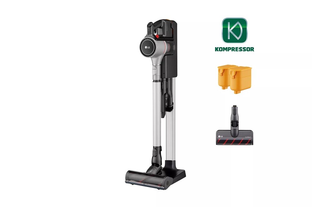 LG CordZero A926KSM Kompressor cordless vacuum with portable stand, two battery illustrations and floor head