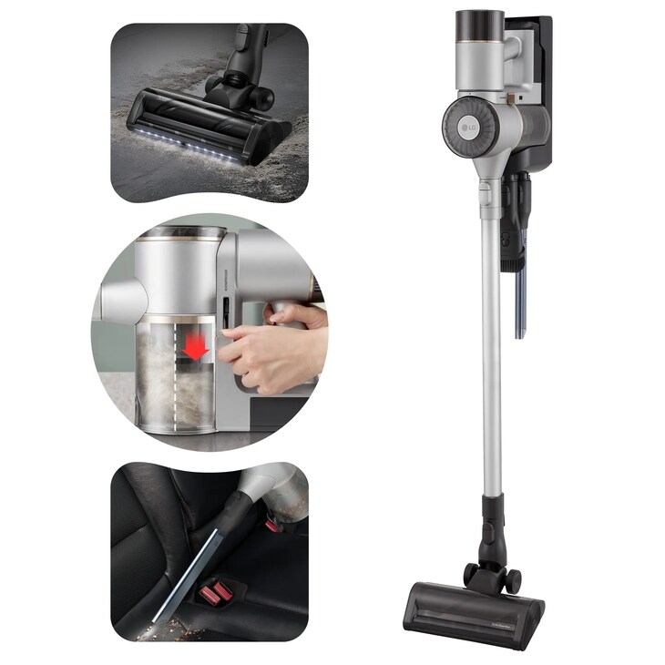 LG CordZero X9 C7325LC Lunar Gray manufacturer product collage with Dual Floor Max nozzle and included handheld-tool examples