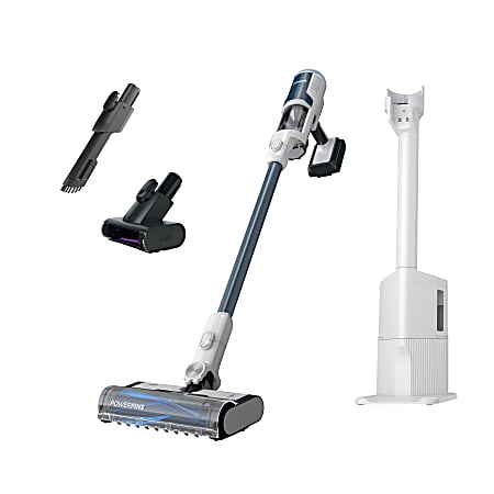 Shark Clean & Empty BU3523 listing image showing blue-accent stick vacuum, auto-empty dock and pictured tools; seller’s package remains the authority.