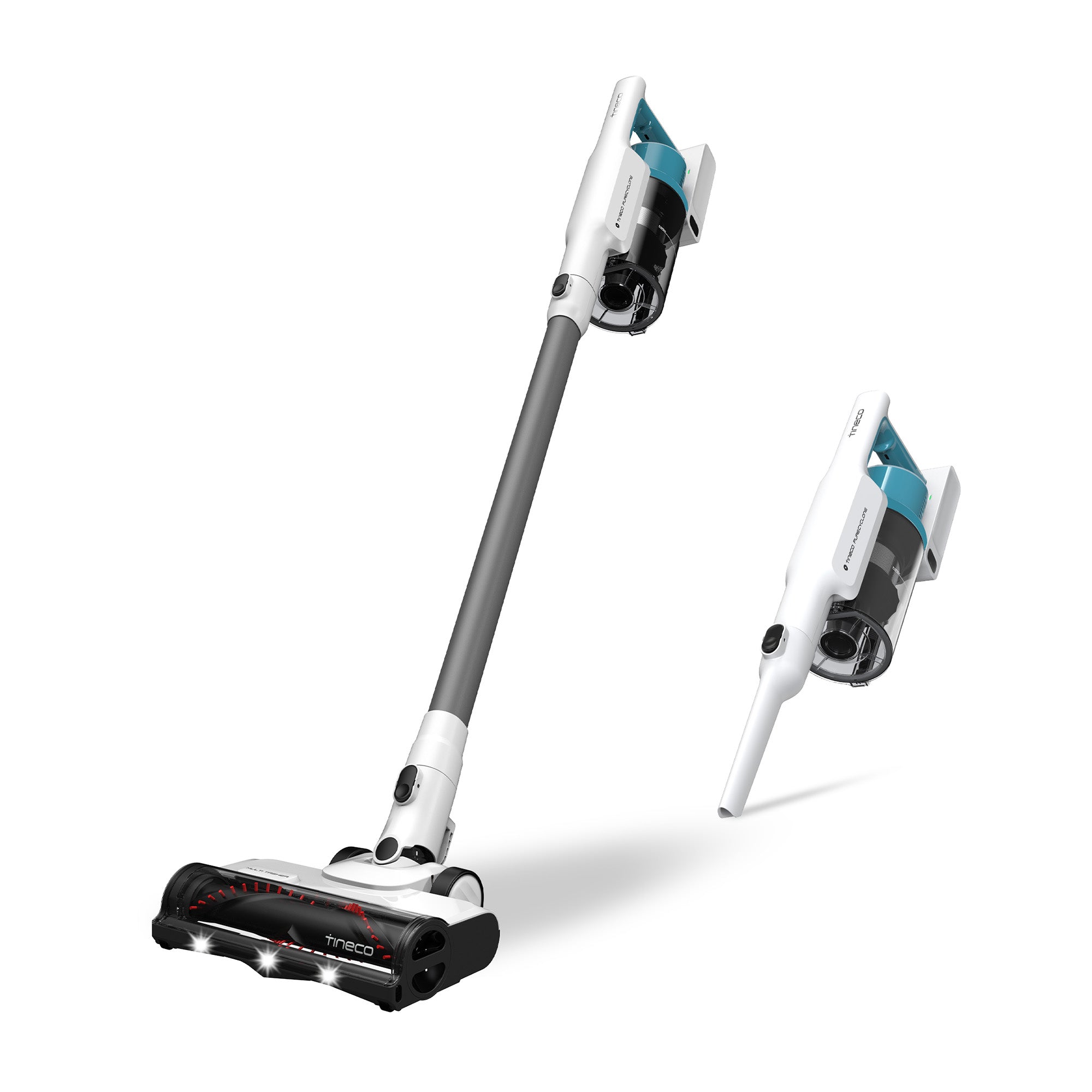 Tineco GO201 white-and-teal cordless stick and handheld vacuum with powered floor brush, shown in a clean-background product rendering