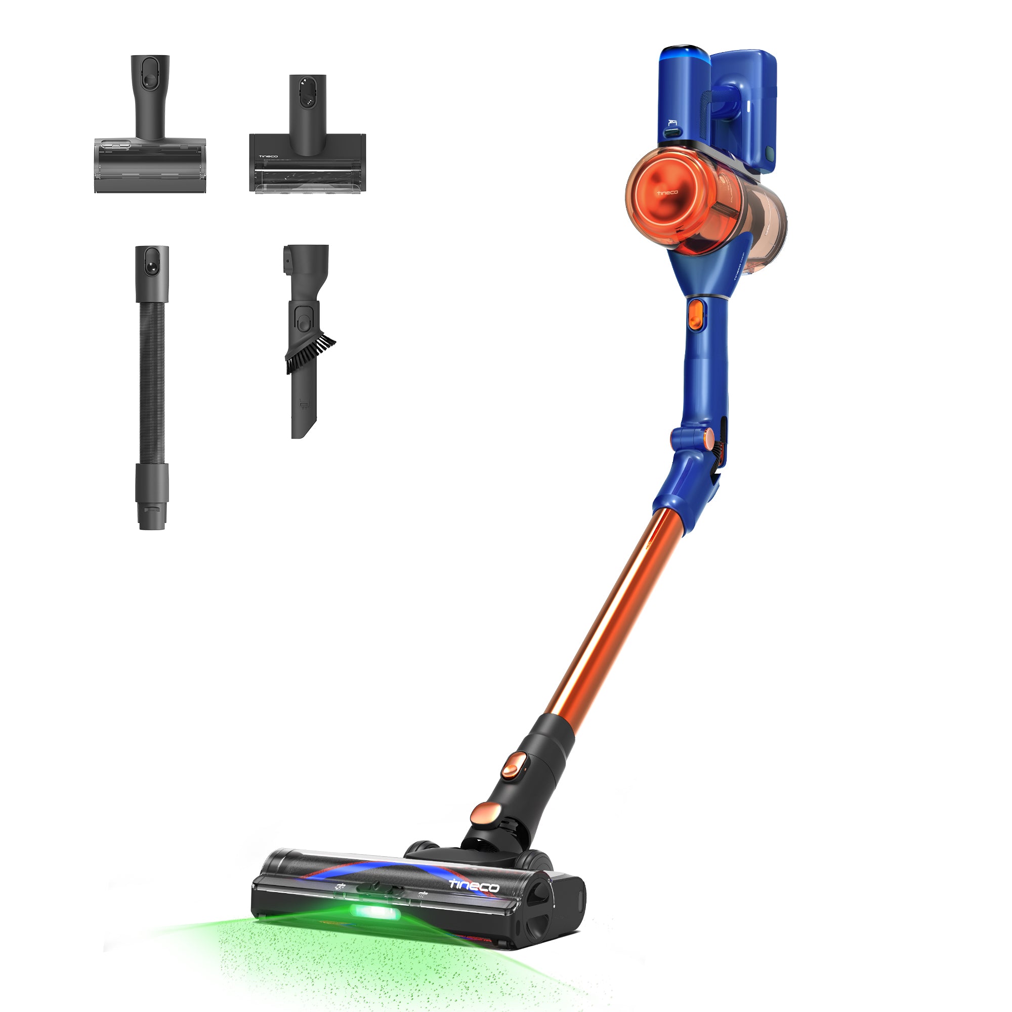 Tineco PURE ONE S70 Orange Blue (VS231300US) cordless stick vacuum with floor brush and small tools, exact US finish manufacturer rendering